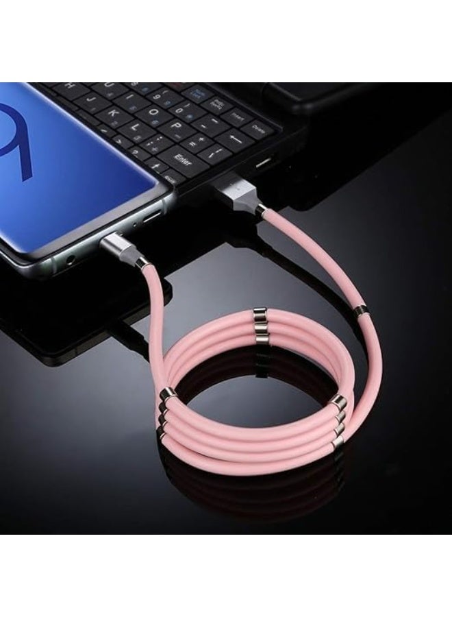 كيبل شحن مغناطيسي USB A الى لايتنينج لنقل الطاقة بسرعة بدون تشابك بتصميم مرن سهل التخزين ملفوف ملفوف موصل متين شحن ثابت متوافق مع ايفون (وردي) - Image 3